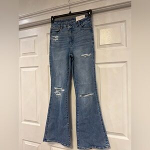 American Eagle Light Blue Distressed Curvy Super High Rise Flare Jeans